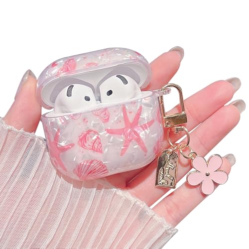 Image of MINSCOSE for AirPods 4 Clear Case,Cute Glitter Seashell and Starfish Pattern Design with Folral Keychain,Soft TPU Protective Cover for Girls Women for AirPods 4-Pink