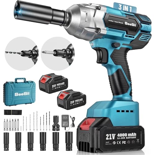 Seesii Cordless Impact Wrench 1/2 inch, High Torque 479 Ft-lbs(650Nm) Brushless Impact Gun,2500RPM...