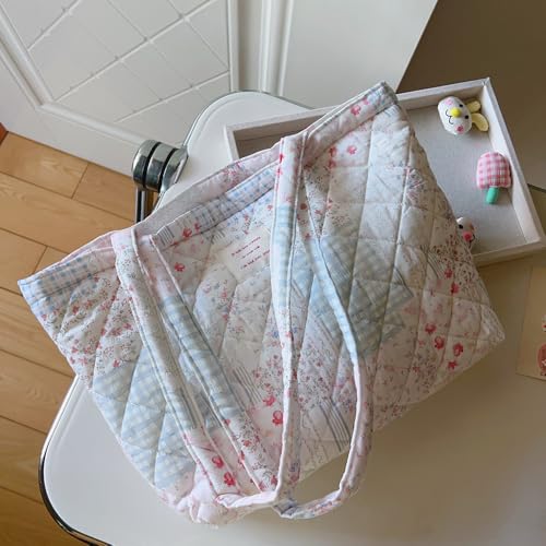 Image of Floral Quilted Cotton Shoulder Bag for Women Daily Use Medium Size Handbag Large Capacity Thickened Design Tote
