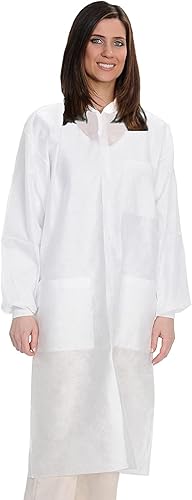 Miniatura 7 de MEDICAL NATION Paquete de 10 abrigos de laboratorio desechables Abrigo de laboratorio duradero de 1.76 oz SMS hasta la rodilla, blanco con puños y