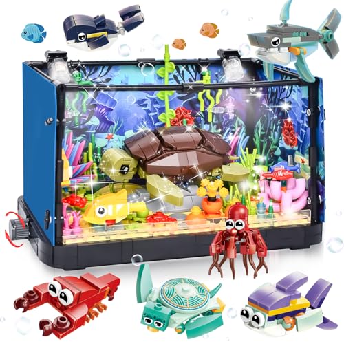 IEEILULU Bloques de Sujeción para Acuario con luz LED, Juguete de Construcción, Incluyendo Tortuga Móvil, 6 Juegos de Bloques Pequeños de Animales Marinos para Niños Niñas de 8-12 años y más (914PCS)