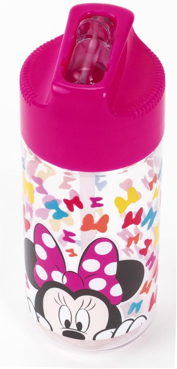 p:os Disney Minnie Mouse 24651088 Children's Plastic Water Bottle with Integrated Straw Approx. 450 ml Capacity Pink