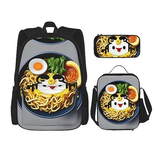ETASUIOL Mochila de viaje con estampado de fideos y ramen, juego de 3 piezas con lonchera aislada, para el trabajo o actividades al aire libre, Negro, Talla única