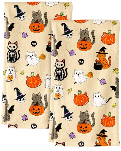 Image of Miss Adola 150GSM Flour Sack Kitchen Towels Set of 2, Spooky Cats | 18 inchx26 inch, Lightweight, Lint-Free, Pure Cotton, Decorative, with Hanging Loop, Absorbent, Softer after Wash, Giftable Package
