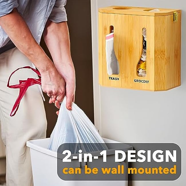 SpaceAid Bamboo 2 in 1 Garbage Bag Roll Holder & Dispenser, Under Sink Organizer for Kitchen Storage