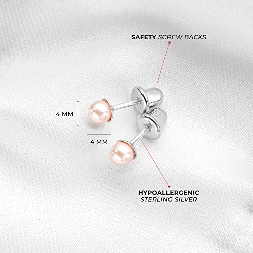 925 Sterling Silver Classic 3mm,4mm,5mm Pink Simulated Pearl Toddler Earrings - Baby Girl Earrings Gift for Birthdays, Baptisms, Holidays, or Any Special Occasion - Adorable Earrings4