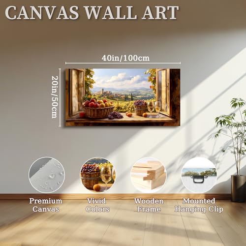 crmotu Faux Window Rustic Wall Art, Fruit Harvest Kitchen Wall Decor, Vineyard Landscape Large Art Prints, Orchard Beyond the Windowsill Pictures for Living Room Dining Room Bedroom 20x40 Inch
