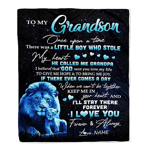TeesNow Personalized to My Grandson Lion Blanket from Grandpa I'll Stay There Forever Grandson Birthday Graduation Christmas Customized Bed Quilt Fleece Blanket (60 x 80 in Adult Size)
