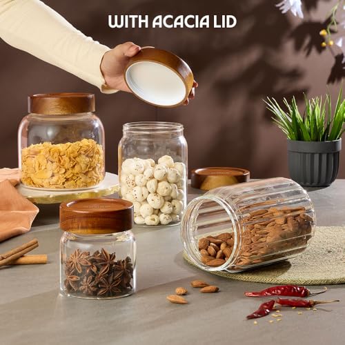 Image of Borosil Glass Jar with Acacia Wood Lid | Borosilicate Glass Storage Jar for Dry Fruits, Spices & Snacks | Airtight Glass Container for Kitchen & Pantry (Roundwood, 1700 ml)