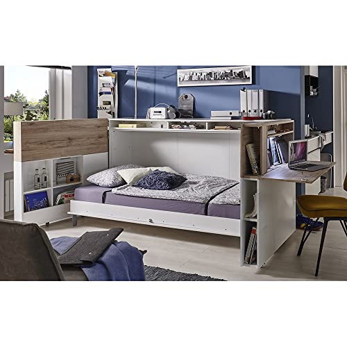 Lomadox Schrankbett 90x200 cm San Remo Eiche weiß mit Schreibtisch und...