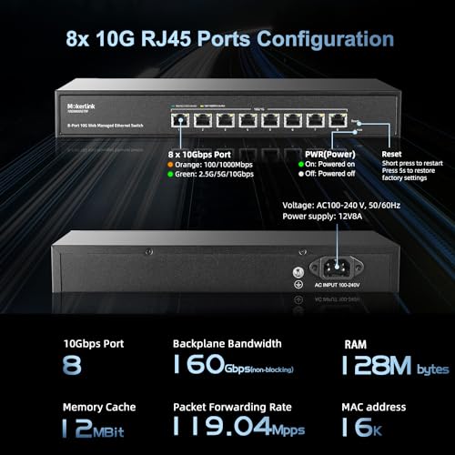 Image of MokerLink 8 Port 10 Gigabit Managed Switch, Support 10G /5G /2.5G /1000M Auto-Negotiation, 160Gbps Bandwidth, Smart Web Managed, Metal Rackmount Ethernet Switch