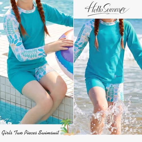 Image of Girls Swimsuit Two Piece Rash Guard Set for 4-14 Years UPF 50+ UV Protective Long Sleeve Swimwear