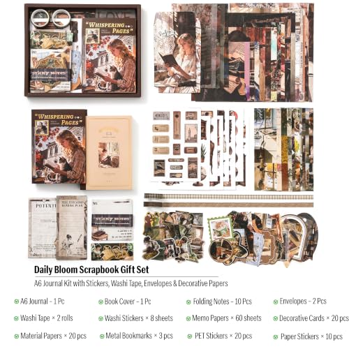 Image of The AutoStory Vintage Scrapbook Album Kit - A6 Junk Journal Notebook with Aesthetic Stickers, Collage Paper Pack & Washi Tape - DIY Journaling Supplies Gift for Teens & Girls (Whispering Pages, Brown)