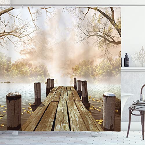 Ambesonne Fall Wooden Foggy Scene Lake River Print Polyester Fabric Shower Curtain - Extra Long, Beige Brown Taupe 69