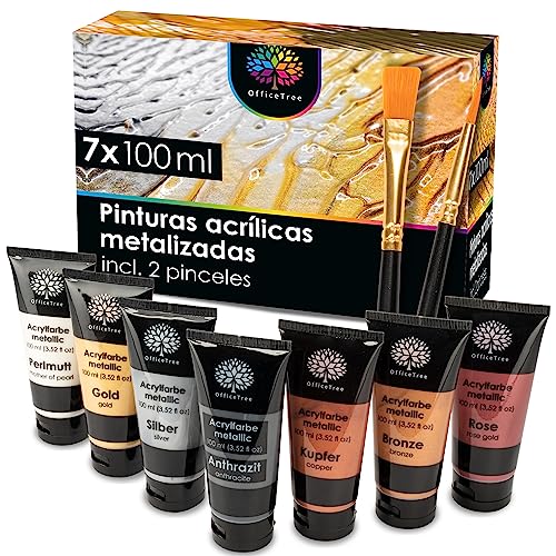 OfficeTree Juego de Pinturas Acrílicas Metálicas 7x 100 ml   A Base de Agua   Ideal para Mezclar y Realizar Pinturas