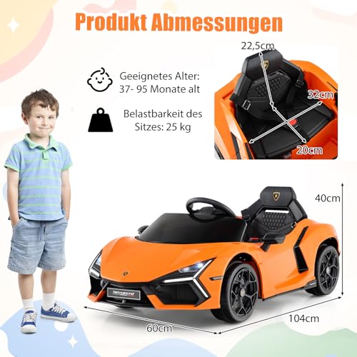 COSTWAY Elektroauto für Kinder, Lamborghini Revuelto, 12V Elektro Kinderauto mit LED Scheinwerfer & Hupe & Musik, 3-5 km/h, Elektrofahrzeug für Kinder ab 3 Jahren, inkl. Fernbedienung (Orange) – Bild 4