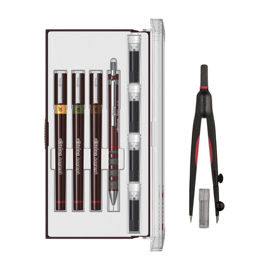 rOtring Isograph Junior Set 3x Technical Pens | 0.20mm, 0.30mm, 0.50mm Fineliner Pens + Accessories with Compact Universal Compass - Image 2