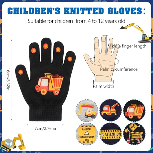 6 Pairs Kid’s Magic Gloves, Unisex Stretch Mittern Children's Warm Knit Gloves Winter Thermal Glove Full Fingers Glove Cold Weather Mitterns Excavator Slogan Pattern for Boys Girls 4-12 Years2