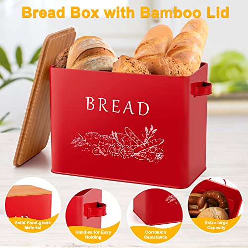 Lianyu Red Bread Box With Bamboo Lid For Kitchen Countertop, Large Farmhouse Metal Bread Storage Container Organizer, Vintage Bread Bin Keeper For Counter 13X7X9.8 Inch #TOP2