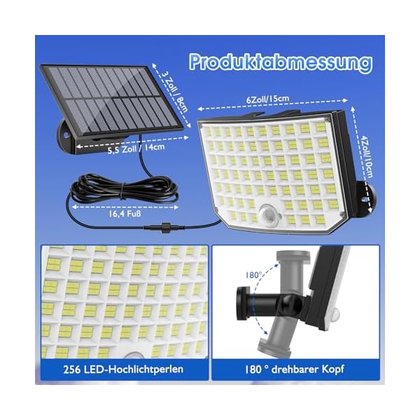Ortiny Solarlampen für Außen mit Bewegungsmelder 256 LED 3 Modi, Solarleuchten Aussen IP65 Wasserdichte, Aussenleuchte 210°Beleuchtungswinkel Solarlampen Gartenleuchten für Terrassen/Garagen 2 Stücke – Bild 10