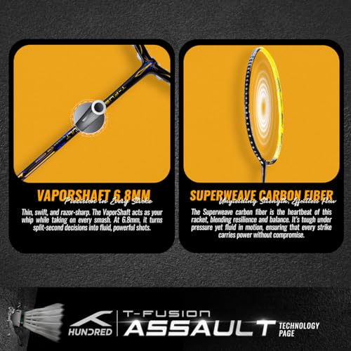 Image of Hundred T-Fusion Assault Badminton Racket with Full Cover | ≤32 lbs | Performance Racket | Sturdy Frame & Smooth Swing | Offensive Shots & Fast Game