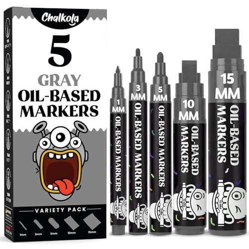 Chalkola 5 Oil Grey Paint Pen - Oil Based Paint Markers For Metal, Fabric, Glass, Automotive Tire, Furniture Touch Up Wood &Amp; Plastic Surfaces - Waterproof &Amp; Permanent (1Mm, 3Mm, 5Mm, 10Mm, 15Mm)