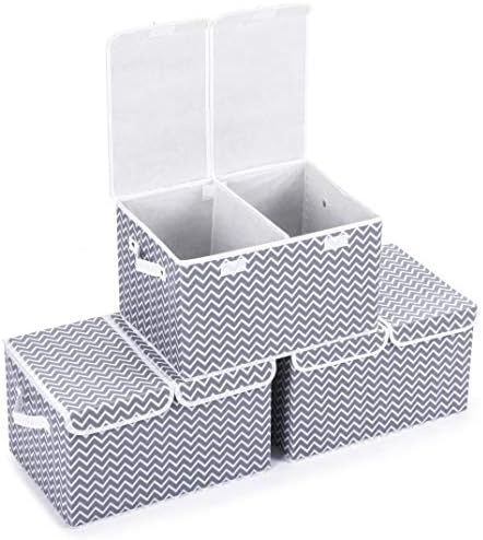 MaidMAX Closet Organizers Storage Cubes with Dividers, Dual Lids & Handles for Home, Office & Nursery, Pack of 3, Light Grey Chevron