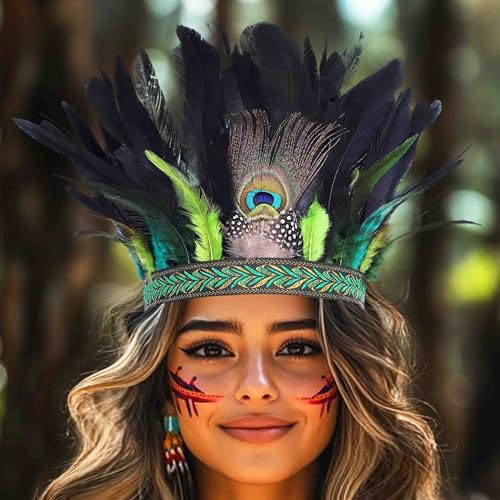 Fashband Fita de penas de pavão, toucado decorativo, coroas hippie, diadema tribal para fantasia de festival para mulher (verde, tamanho único)