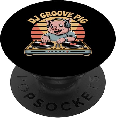 Miniatura 1 de DJ Groove Pig Retro DJ Turntable Sunset Vibes PopSockets Adhesive PopGrip