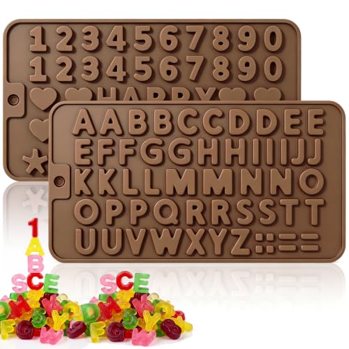 Image of 2PCS Silicone Molds for Chocolate,Number Letter Molds,Reusable Candy Molds with Happy Birthday Decorating Symbols,Mini Size Alphabet Decorating for Birthday Cake Lollipop Fondant Chocolate