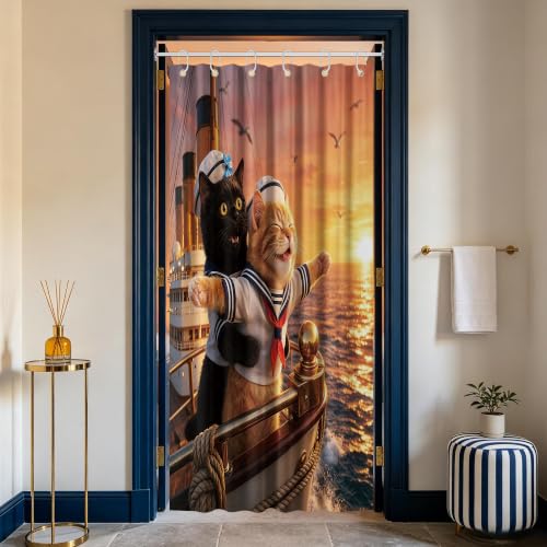 Image of Small Stall Shower Curtain Rv Black Cat, 48 x 72 Inchs | for Camper Stand Up Shower, Fun Orange Cat Pattern Design, Narrow Bathroom Decor Sets Waterproof Cloth Fabric, with Hooks