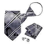 DiBanGu Silk Zipper Ties for Men,Paisley Solid Plaid Pre-tied Tie and Pocket Square Cufflinks Set Formal Adjustable Necktie, Black and White