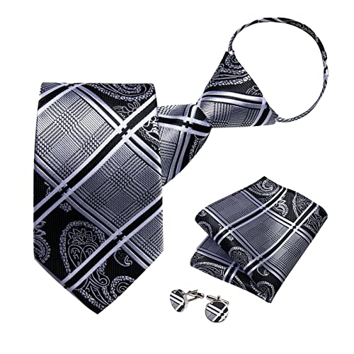 Image of DiBanGu Silk Zipper Ties for Men,Paisley Solid Plaid Pre-tied Tie and Pocket Square Cufflinks Set Formal Adjustable Necktie