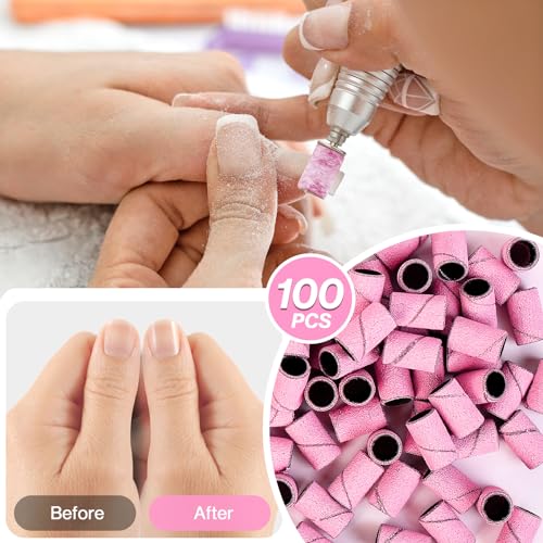 Image of MelodySusie 100 Pcs Nail Drill Bits Sanding Bands for Nail Drill 180 Fine Grit Nail File Sanding Bands for Acrylic Nails Gel Manicures and Pedicure,Light Pink