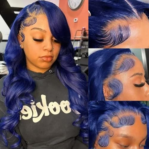 Image of Dark Blue Lace Front Wigs Human Hair 13x4 HD Transparent Blue Body Wave Human Hair Lace Front Wigs for Women 180 Density Pre Plcked Colored Lace Frontal Wig with Baby Hair 22 Inch