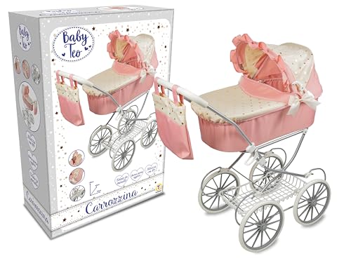 Carrozzina per Bambole Leggera e Pieghevole per con Cappotta Regolabile Cesto Portaoggetti Struttura in Metallo Passeggino Giocattolo Bambina Manovrabile Rosa