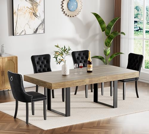 Image of Brown Dining Room Table Set for 4, 5-Piece 63 inch-78.74 inch Extendable Dining Table Set with 4 Upholstered Chairs, Rectangle Wooden Expanding Kitchen Table and Black Chairs Set