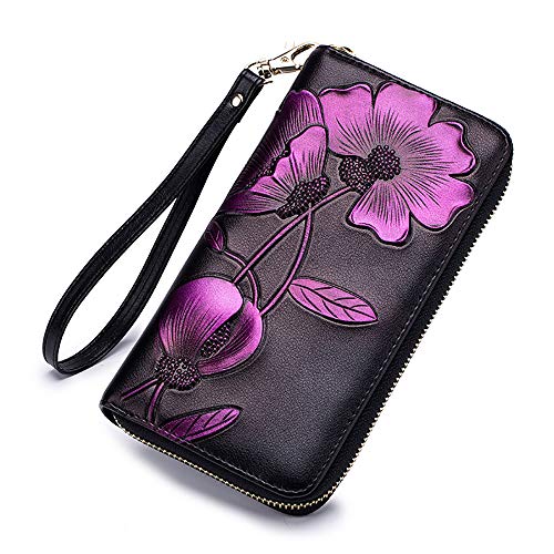 Women RFID Blocking Genuine Leather Wallet Hand Painted Flowers Ladies Wristlet Wrist Strap Long Purse Large Capacity Multi-Slots Card Case Zipper Coin Pocket, Purple Bauhinia, M,