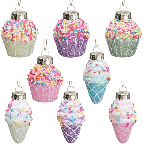 8 Pcs Christmas Tree Ice Cream Cupcake Ornaments, Glitter Macaron...