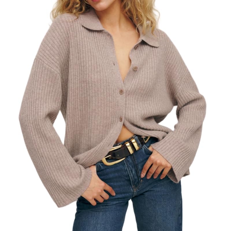 Women's Cardigan Sweater 2025 Long Sleeved Button up Shirt Lightweight Collar Loose and Comfortable Knitted top