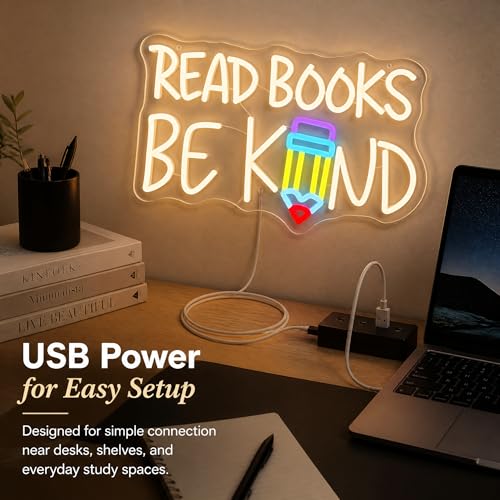 Image of inchRead Books Be Kind inch Classroom LED Neon Sign | 16.5 inch x 10.4 inch, Pencil Wall Decor, Inspirational Quote Light, Library Classroom Study Room Home Office