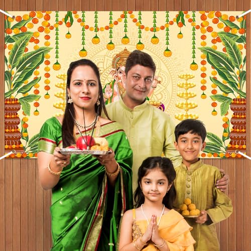Image of Pooja Ganpati Decoration Banner Indian Puja Cloth Items Backdrop Traditional Chatiya Ganesh Mehndi Photography Background Festival Wedding Party Marigold Garlands Photo Booth 70.8x43.3inch