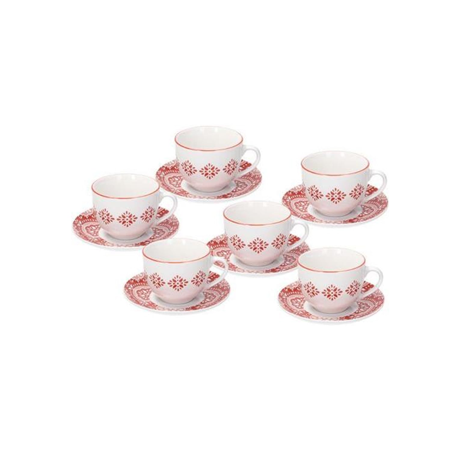 Avilia Set of 6 Coffee or Tea Cups with Saucers - Set of 6 Arabesque Cups and Saucers in Porcelain, 270cc, White and Red
