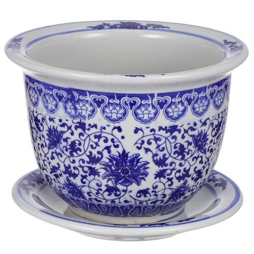 DOITOOL Maceta de cerámica azul y blanca, macetas de cerámica china, maceta oriental, maceta decorativa para suculentas con bandejas para balcón, patio, decoración del hogar