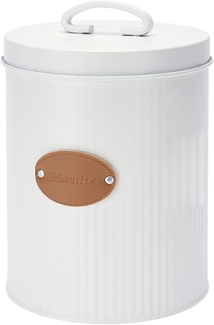 Biscuit Tin Large Vintage Cookie Biscuit Storage Canister Barrel with Airtight Lid Metal Biscuit Jar Container Cracker Cookie Box Kitchen Storage Caddy, Round, Matt Finish, White