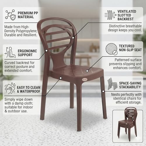Image of Oaknest Supreme Oak Armless Plastic Dining Chair | Compact & Ergonomic Design for Home, Living Room, Balcony & Outdoor Seating | Color : Globus Brown, Set of 2