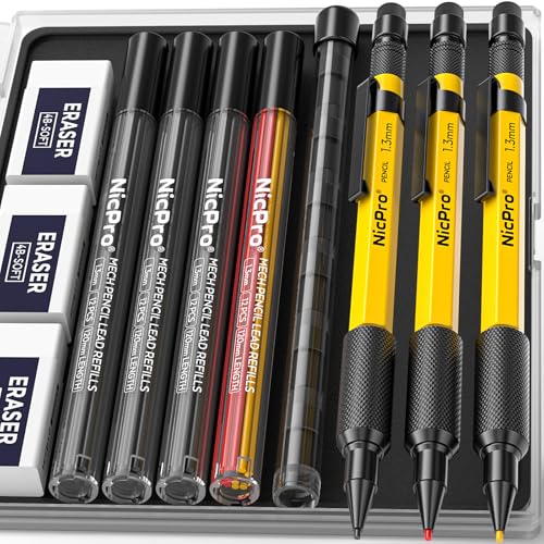 Nicpro 3 PCS 1.3 mm Mechanical Pencil Set with 72 Lead Refills, 3 Eraser - Weatherproof Metal Barrel, Heavy Duty Carpenter Pencil MP2000 for Outdoor Marking Drafting Drawing Woodworking - with Case