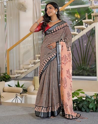 Image of SIRIL Women's Printed Cotton Saree with Unstitched Blouse Piece