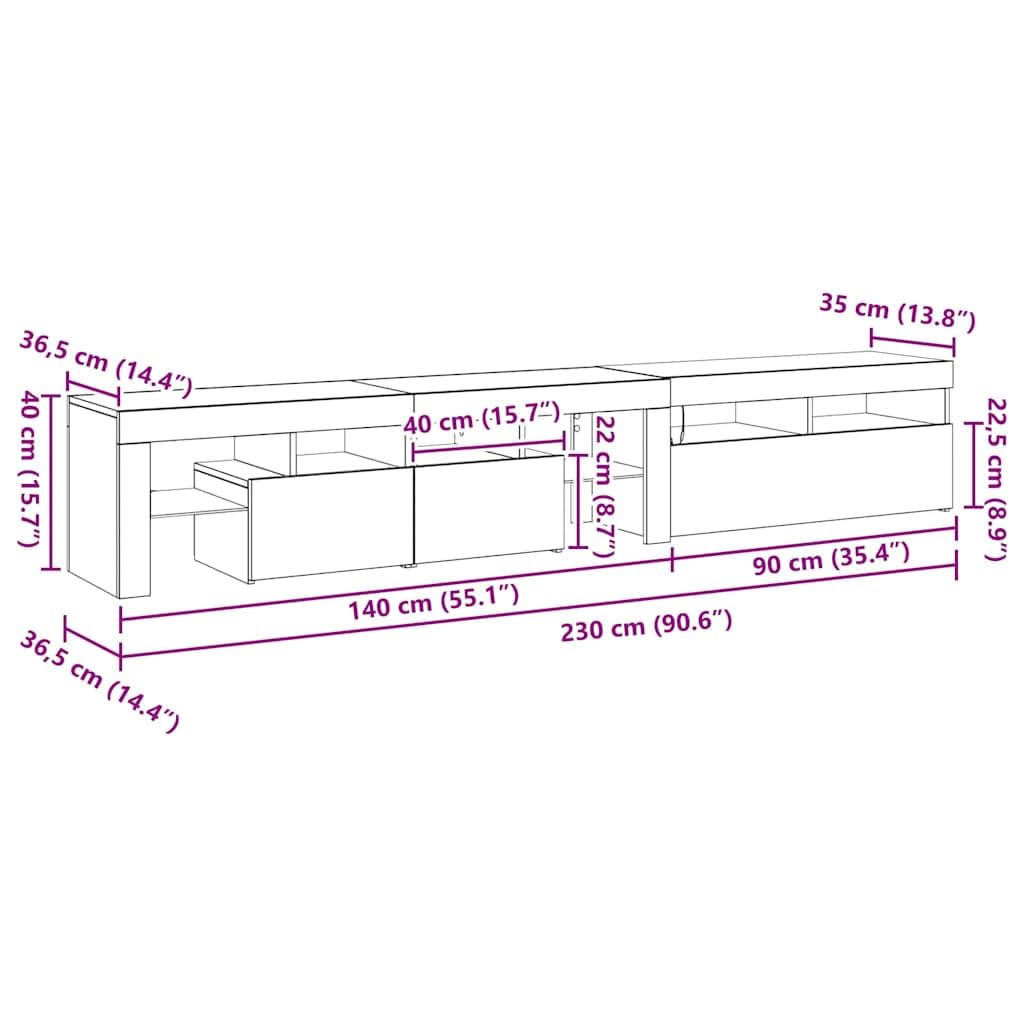 Juego de 2 armarios para TV en aspecto de roble negro, 2 unidades, mueble bajo con iluminación LED, 3 puertas y 4 estantes de cristal, armario para televisión para salón, cine en casa