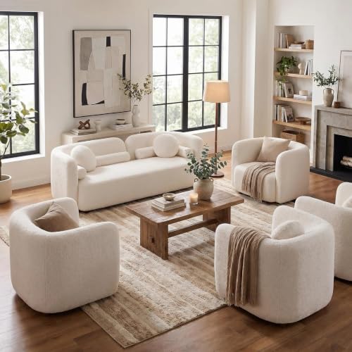 Image of 5 Piece Curved Couch Set for Living Room, Boucle Sofa Set with 1 Modern 3-Seater Sofa & 4 Accent Chairs, Deep Seat Conversation Seating Furniture for Open Concept Spaces,Home Office (White)